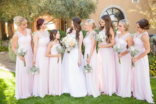 pink, bridesmaids, wedding, bridal party, outdoor, junior bridesmaids