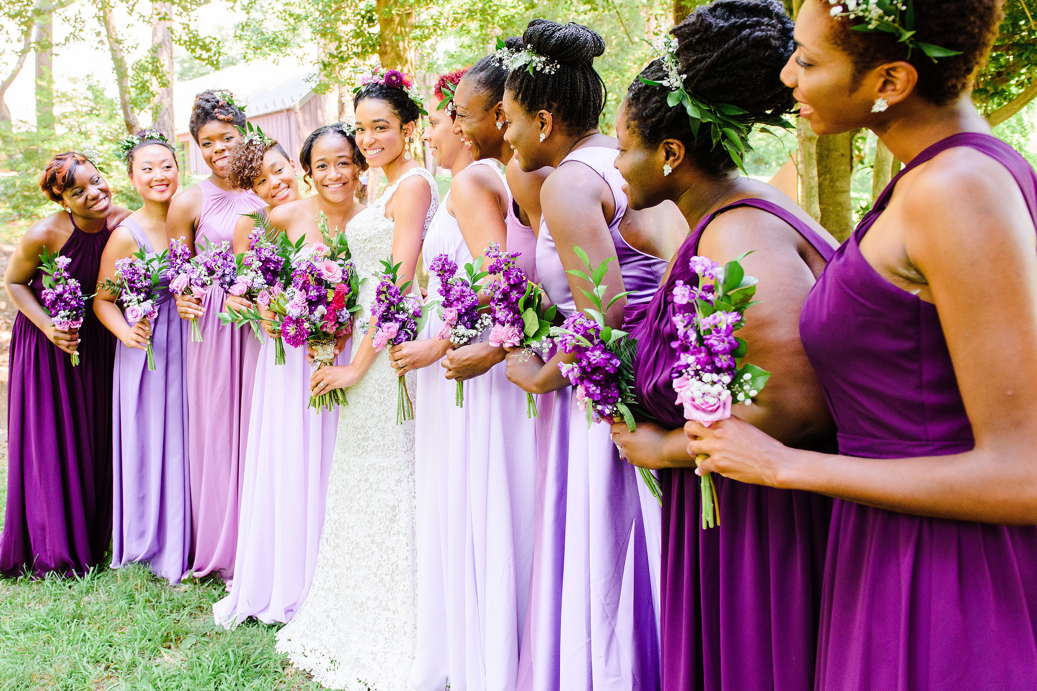 Purple, bridal party, wedding, bridesmaids, ombre, dresses, mix and match