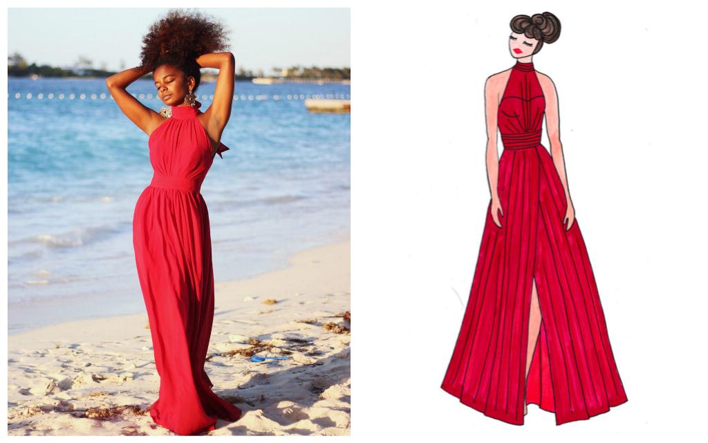 iman, red, long, gown, affordable, illusion, halter, slit, bridesmaid, dress