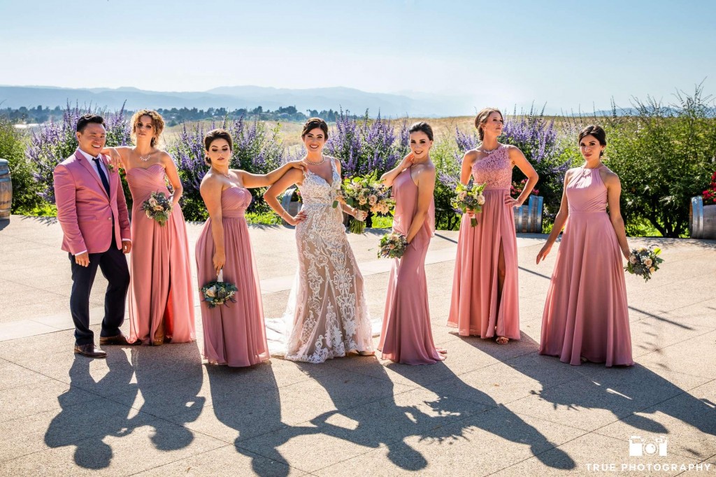 Real #Azazie Wedding, bride, groom, wedding, wedding dress, winery, romance, bridesmaids dresses, dusty rose dresses, wedding color palette, bridal party, wine country wedding, vineyard