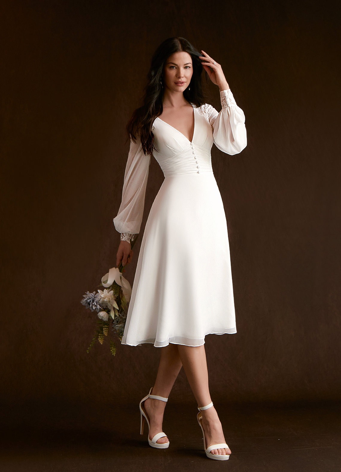 A-Line Lace Chiffon Knee-Length Dress Diamond White