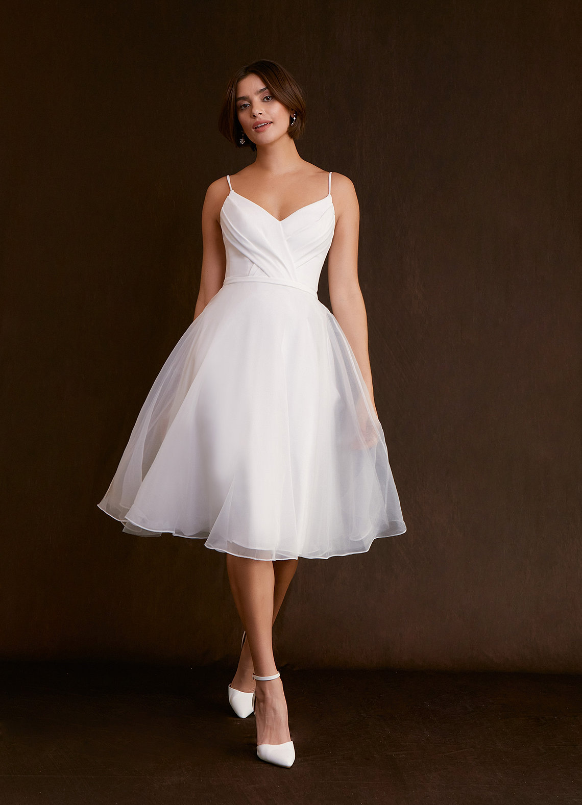 A-Line Pleated Organza Knee-Length Dress Diamond White