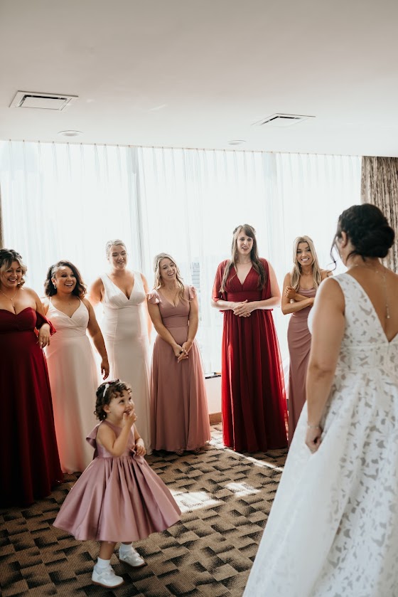 Burgundy, Dusty Rose, Rose Petal bridesmaid dresses
