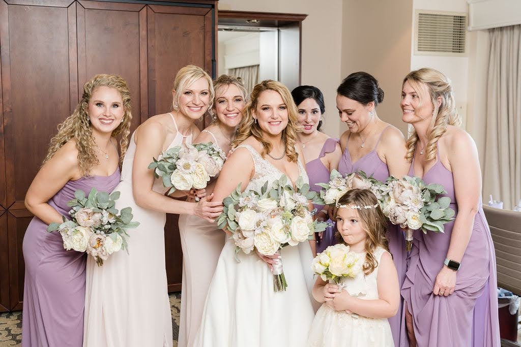 Wisteria, Rose Petal, Ivory bridesmaid dresses