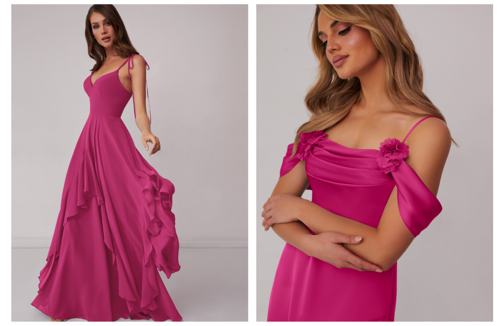 Two women in Barbie™ pink bridesmaid dresses