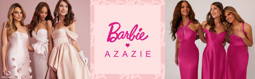 Four women dressed in formal evening wear from a barbie x azazie collaboration, posing against a backdrop that matches their outfits.