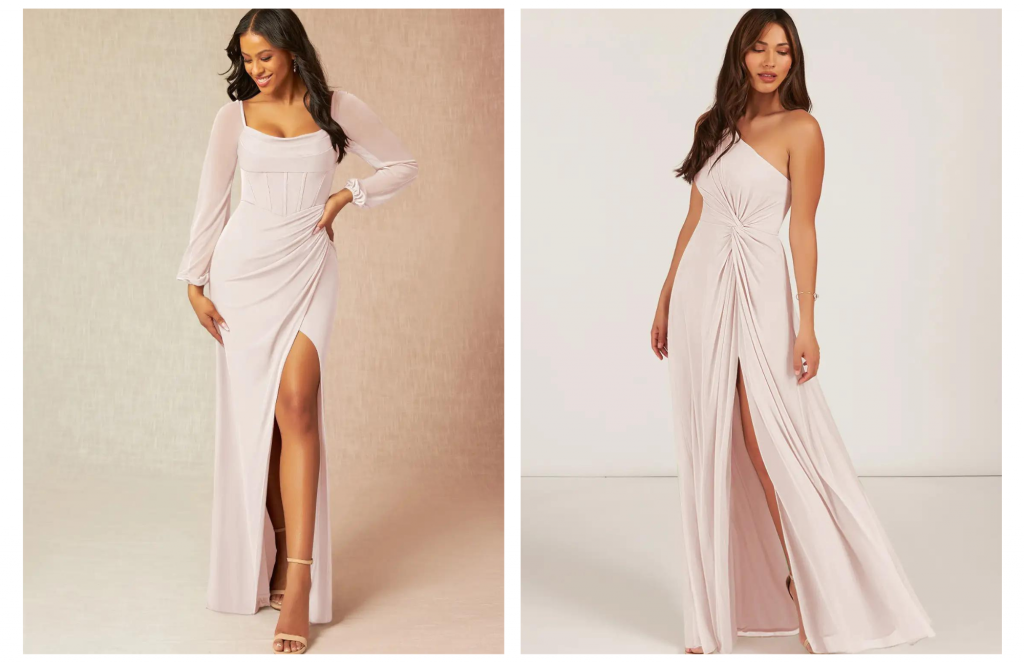 Two bridesmaids in light pink gowns.